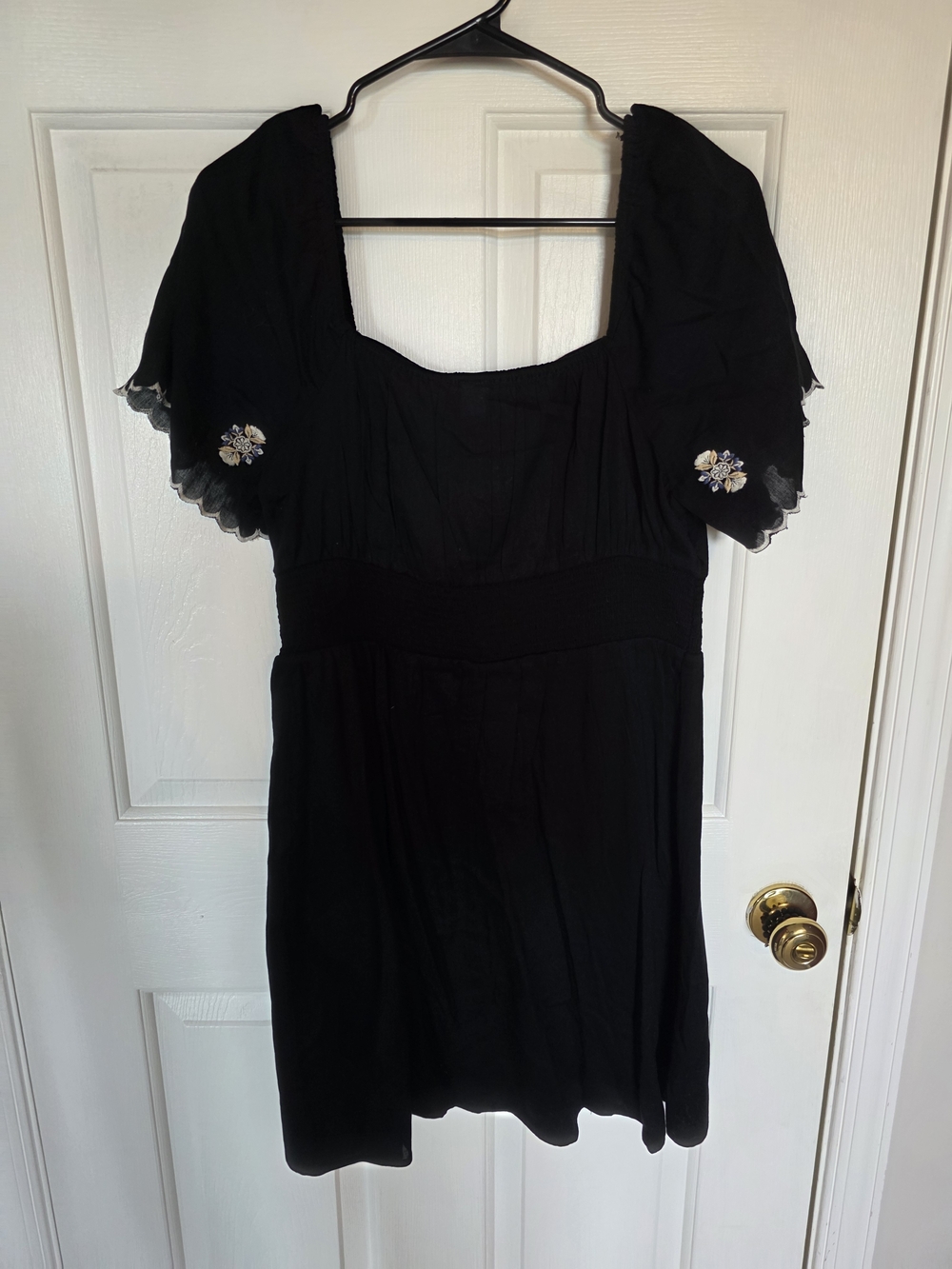Old Navy Black Square Neck Dress with Embroidered Puff Sleeves
